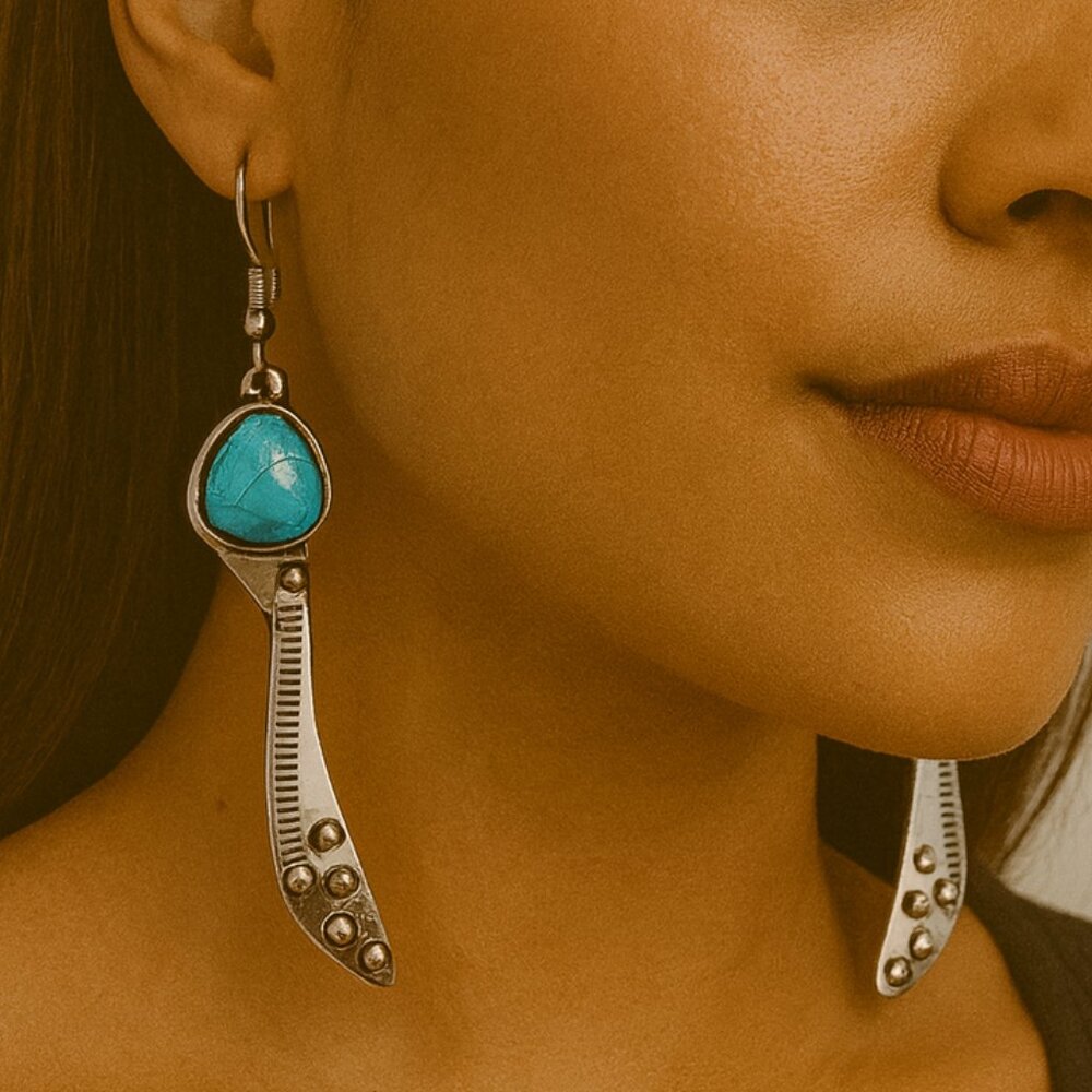 Paparazzi Turquoise Tribal Silver Earrings – Boho‎ Western Drop Jewelry